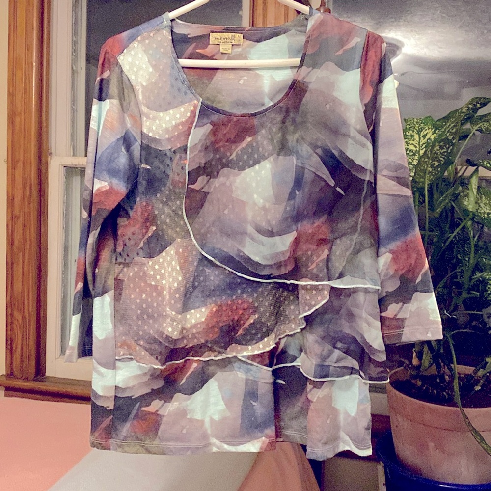 One world watercolor top, size large.